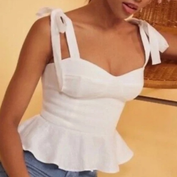 Reformation Kassie Linen Blouse in White 0 XS - Picture 2 of 6